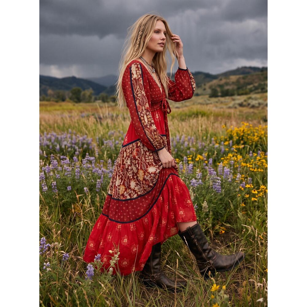 Free People Bohemian Gypsy Witchy Bali Laurel Maxi Dress Medium Patchwork 70s - Picture 6 of 14